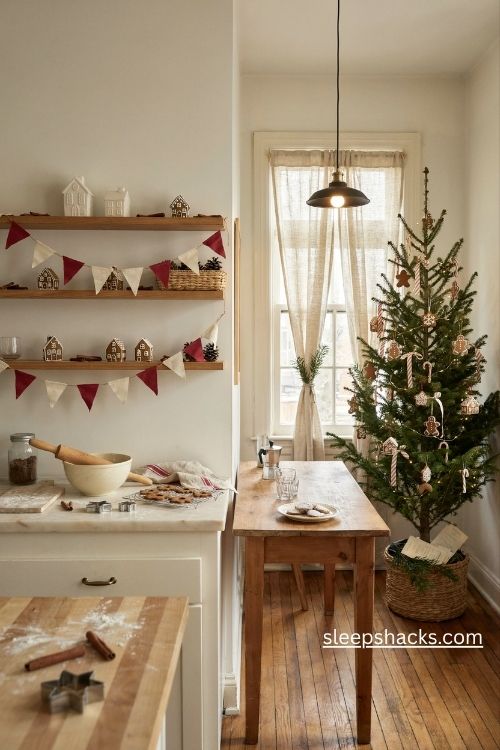 Gingerbread christmas decor with cookie ornaments miniature houses candy cane ribbons and cozy farmhouse charm