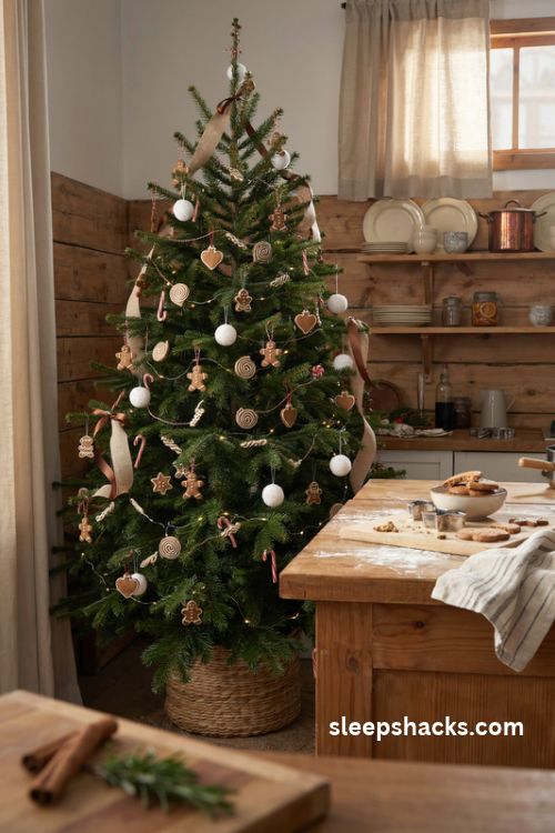 Gingerbread christmas tree with wooden cookie ornaments brown ribbon and white icing details