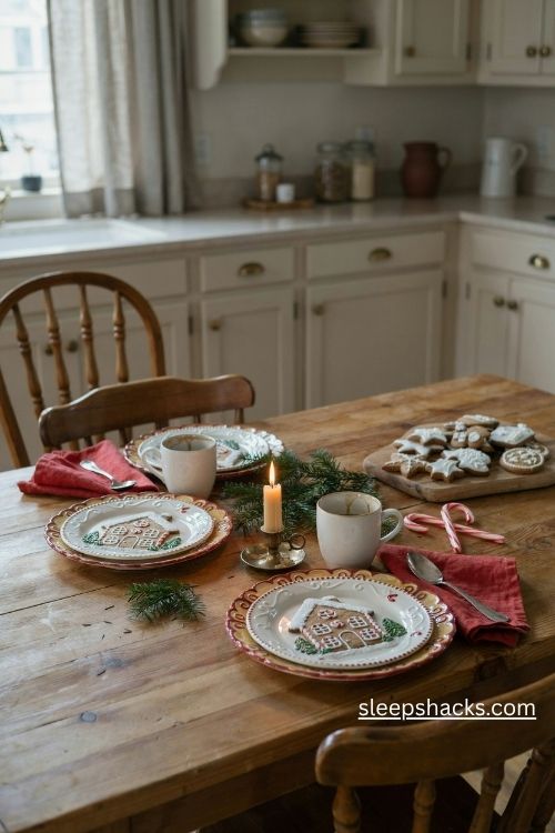 Gingerbread house christmas plates with frosted tree designs cookies and red linen napkins