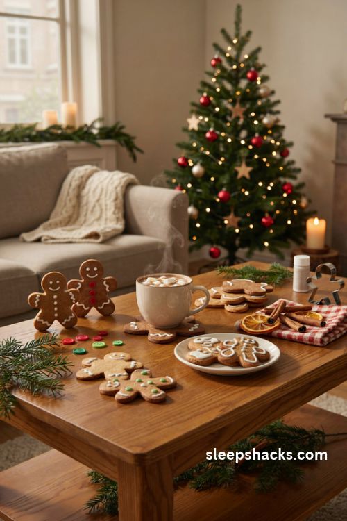 Gingerbread shaped Christmas coasters with white icing and festive button details