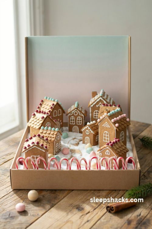Gingerbread street Christmas diorama with cardboard candy houses, white icing details, and pastel pink and mint skies