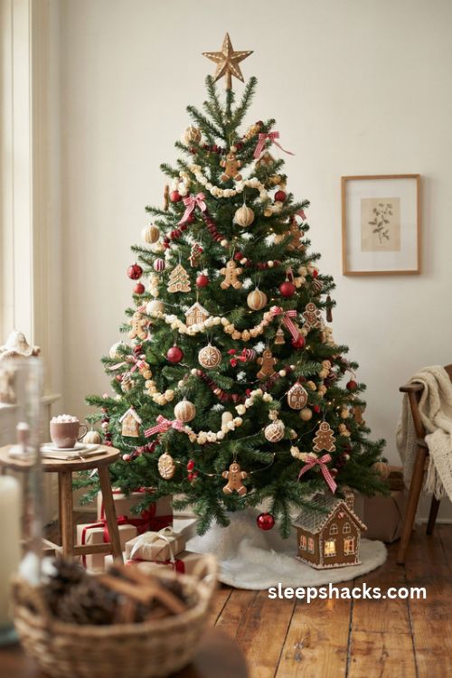 Gingerbread village Christmas tree with iced cookie ornaments red gingham bows popcorn garland and snowy white tree skirt