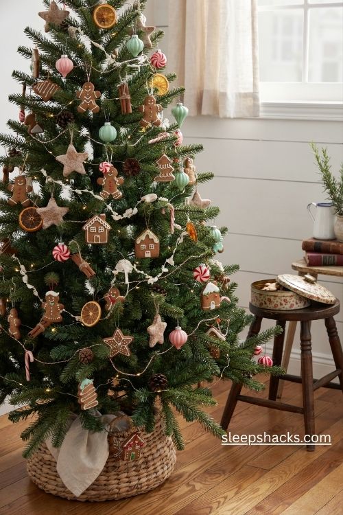 Gingerbread village christmas tree with cookie ornaments peppermint swirls and cinnamon sticks