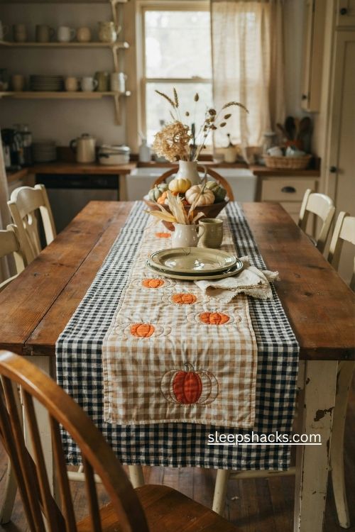 Gingham and pumpkin farmhouse table runner with cozy fall kitchen decor 