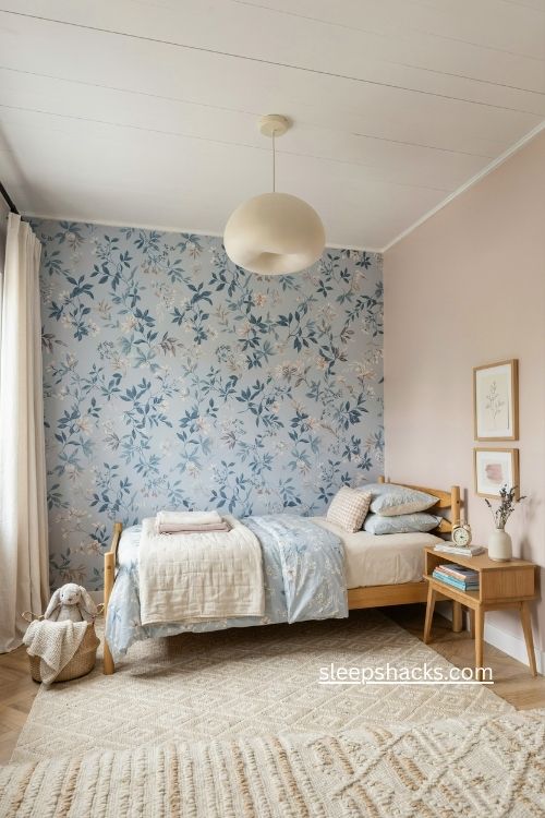 Girl bedroom ideas with blue floral walls pink patterns and shiplap ceiling