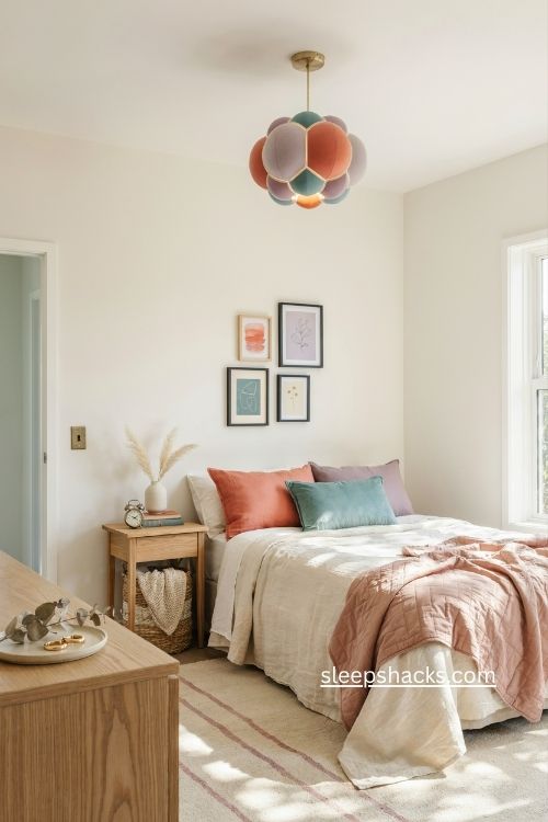 Girl bedroom ideas with colorful statement pendant light and vibrant decor