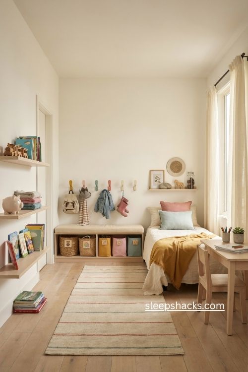 Girl bedroom ideas with colorful storage baskets low shelves and wall hooks