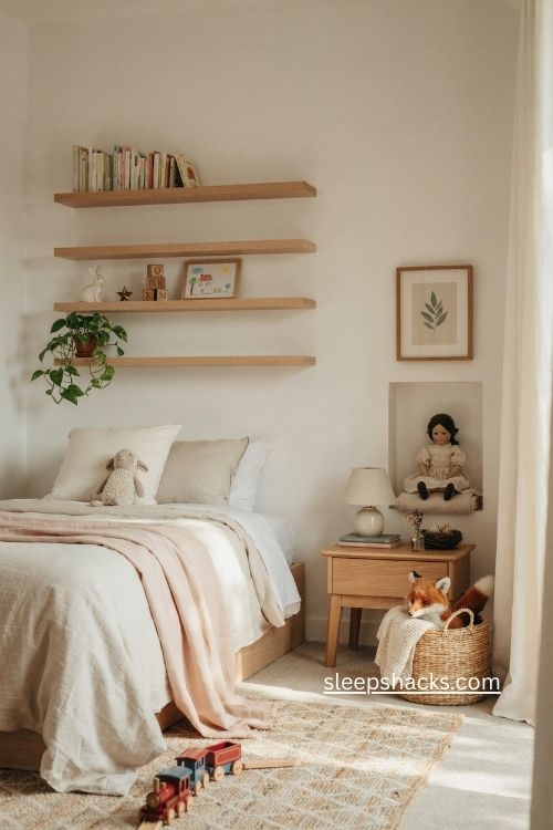 Girl bedroom ideas with floating shelves favorite books toys and framed art