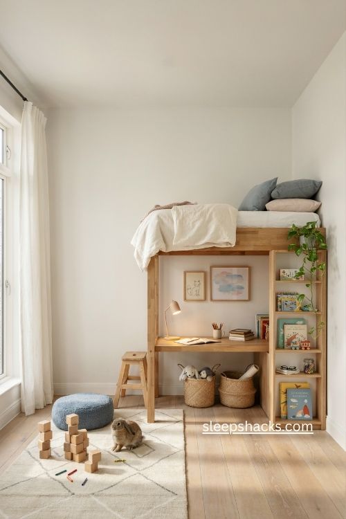 Girl bedroom ideas with loft bed desk storage and multifunctional furniture