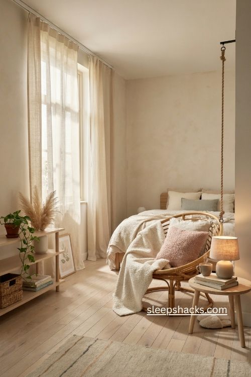 Girl bedroom ideas with rattan swing chair cozy reading nook and sherpa throw