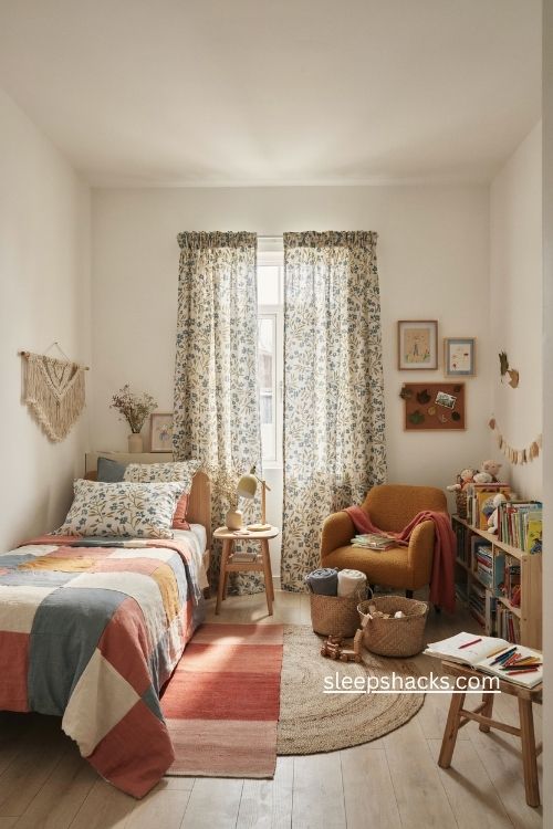 Girl bedroom ideas with repeating fabric patterns colorful bedding and cushions
