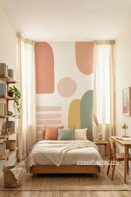 Girl bedroom with bold geometric mural and simple Scandinavian decor