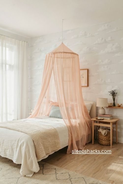 Girl bedroom with dreamy canopy bed and cloud wallpaper