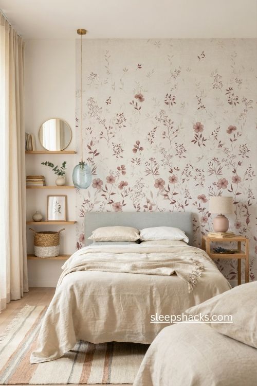 Girl bedroom with soft floral wallpaper accent wall and cozy decor