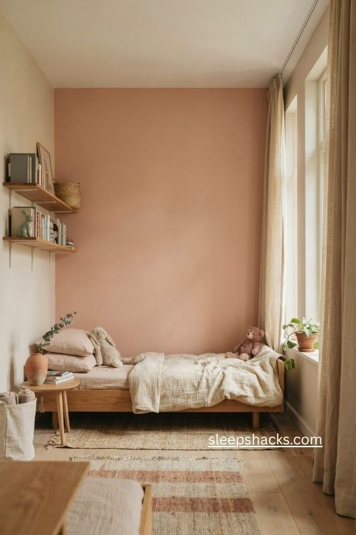 Girl bedroom with soft salmon pink accent wall and cozy daybed