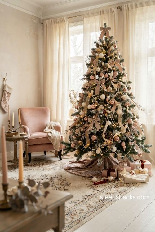 Girly christmas tree with blush pink ornaments satin bows and romantic gold decorations