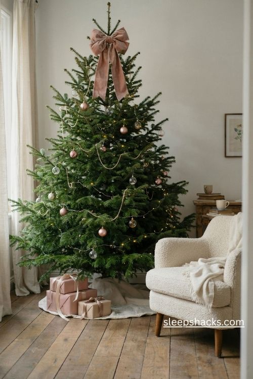 Girly christmas tree with rose gold crown topper oversized blush velvet bow and elegant ornaments