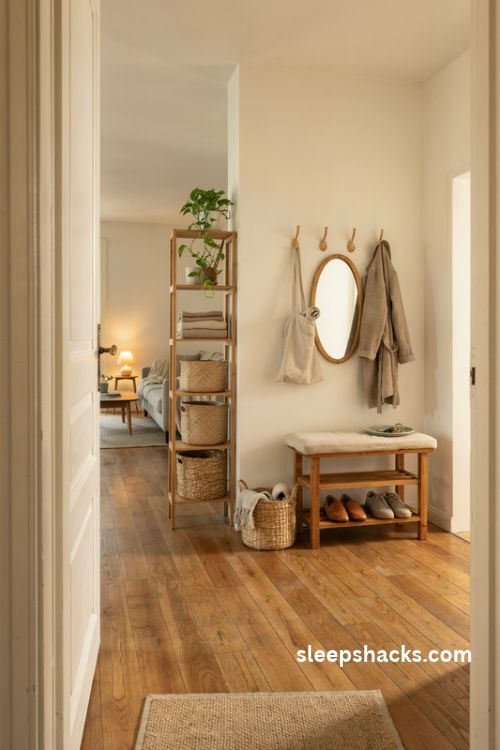 Give the entryway its own spot in a cozy studio apartment with a wooden bench, wall hooks, shoe rack, mirror, and natural textures