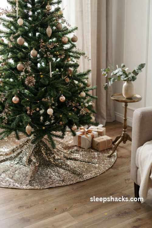 Glam christmas tree with a sparkling gold sequin tree skirt and elegant wrapped gifts