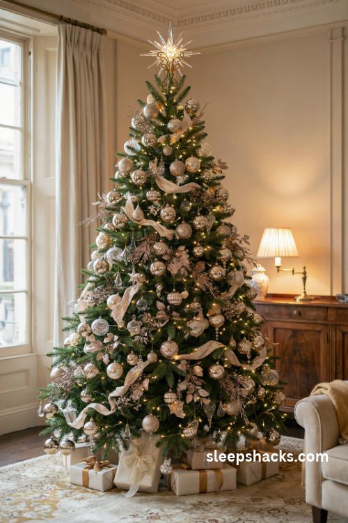 Glam christmas tree with champagne gold silver ornaments velvet ribbons and sparkling lights