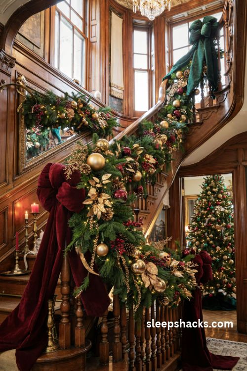 Glamorous Christmas staircase banister with emerald velvet burgundy ribbon and luxurious gold ornaments