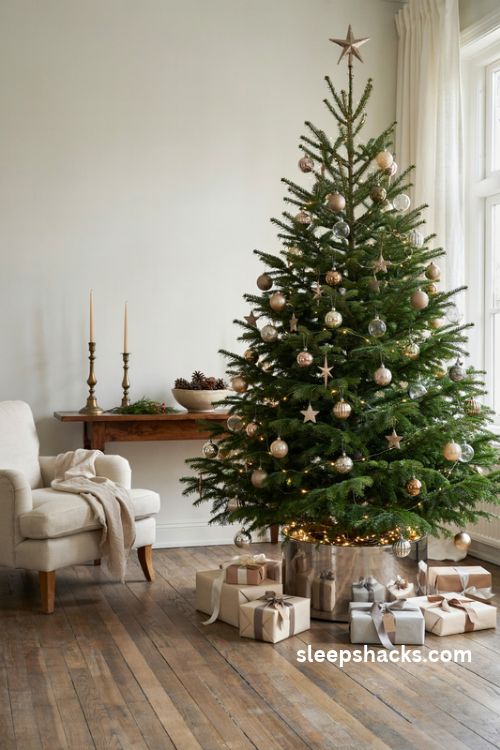 Glamorous Christmas tree with a polished mirrored silver collar and elegant wrapped gifts