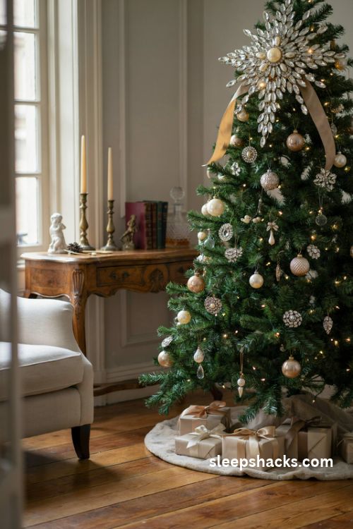 Glamorous Christmas tree with a vintage crystal and pearl brooch starburst topper