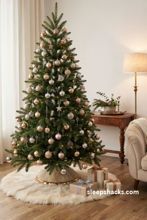 Glamorous Christmas tree with an ivory faux fur base and polished metallic tree collar