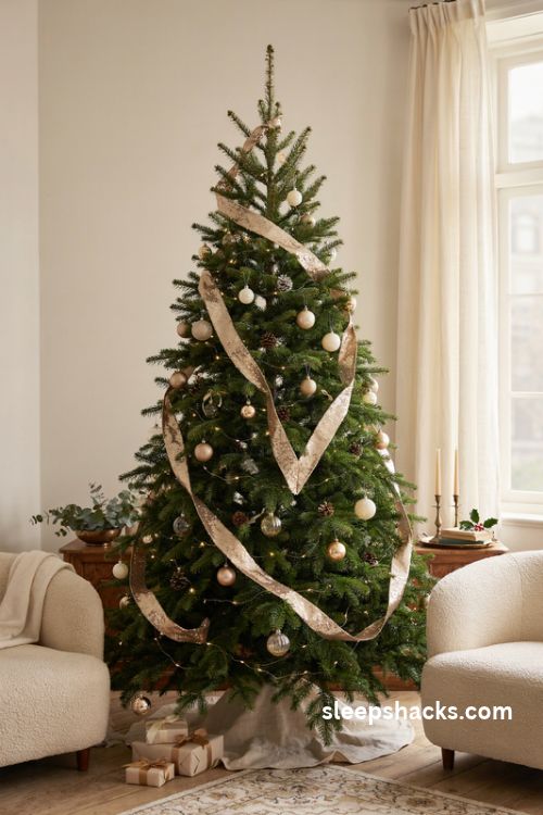 Glamorous Christmas tree with cascading gold sequin ribbon and elegant matte ornaments