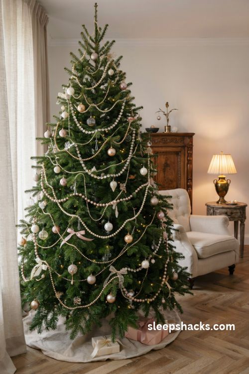 Glamorous Christmas tree with cascading ivory pearl and sparkling rhinestone garlands