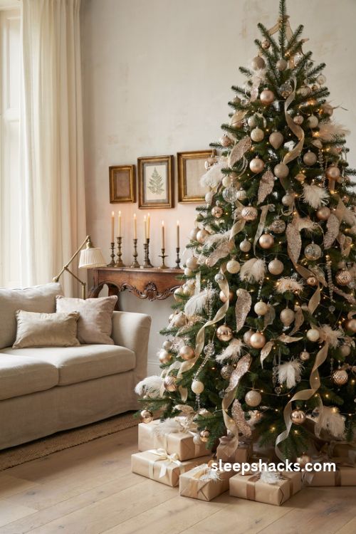 Glamorous Christmas tree with champagne gold ornaments feathers and elegant warm lights