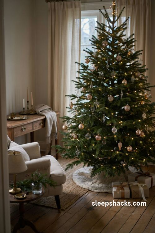 Glamorous Christmas tree with layered warm white fairy lights and sparkling crystal ornaments