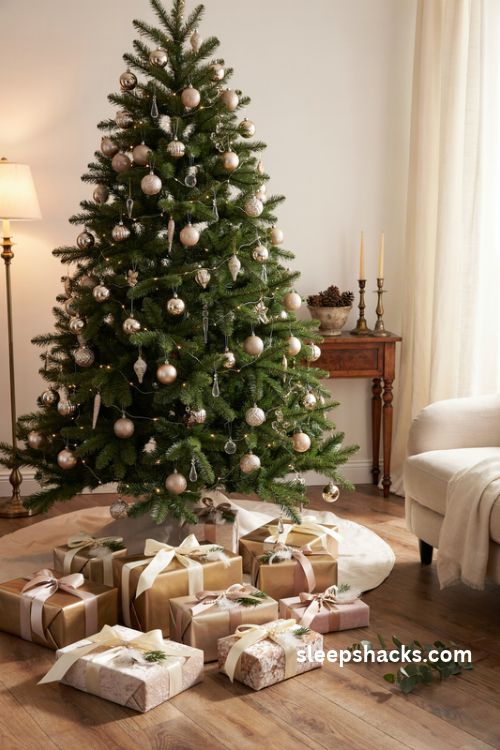 Glamorous Christmas tree with matching gold silver and ivory luxury wrapped gifts