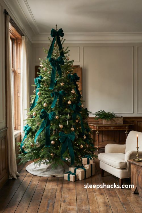 Glamorous Christmas tree with oversized emerald velvet bows and elegant gold ornaments