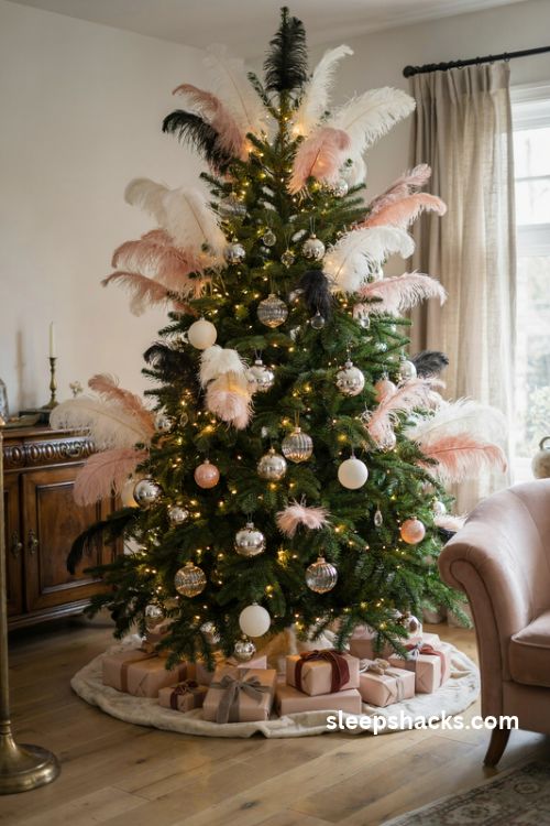 Glamorous Christmas tree with oversized ivory blush and black ostrich feather plumes