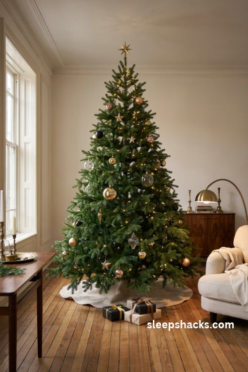 Glamorous Christmas tree with oversized mirrored gold black and crystal statement ornaments