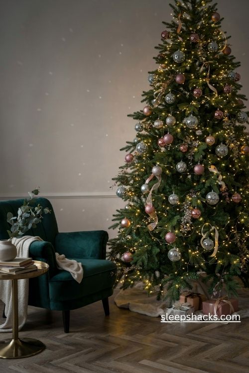 Glamorous christmas tree with pink silver rose gold disco ball and glitter ornaments