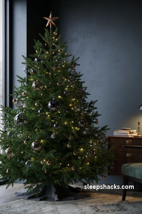 Glamorous evergreen christmas tree with mirrored silver and smoky gray glass ornaments