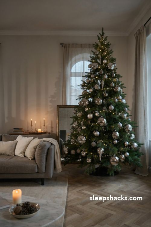 Glass and metallic mirror christmas tree with silver ornaments