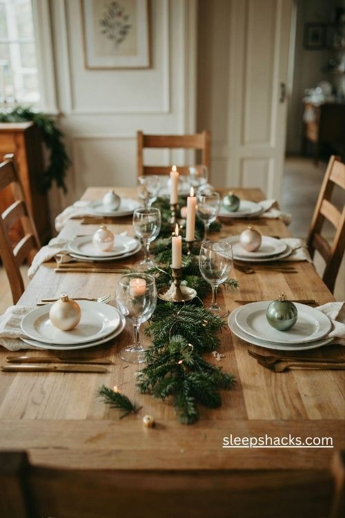 Glass christmas ornament on every plate for a simple elegant holiday table setting