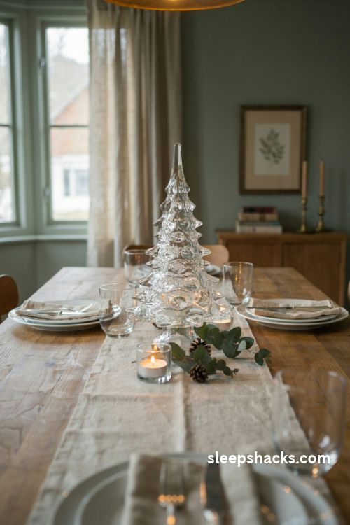 Glass christmas tree centerpiece for an elegant holiday dining table