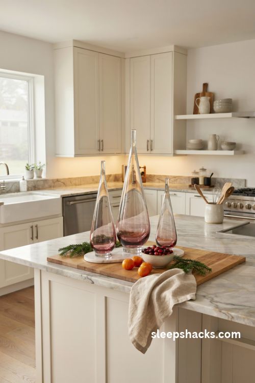 Glass christmas tree kitchen island decor with cranberries and natural wood