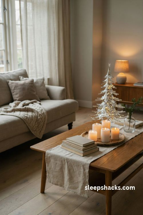 Glass christmas tree on a cozy coffee table with warm white flameless candles