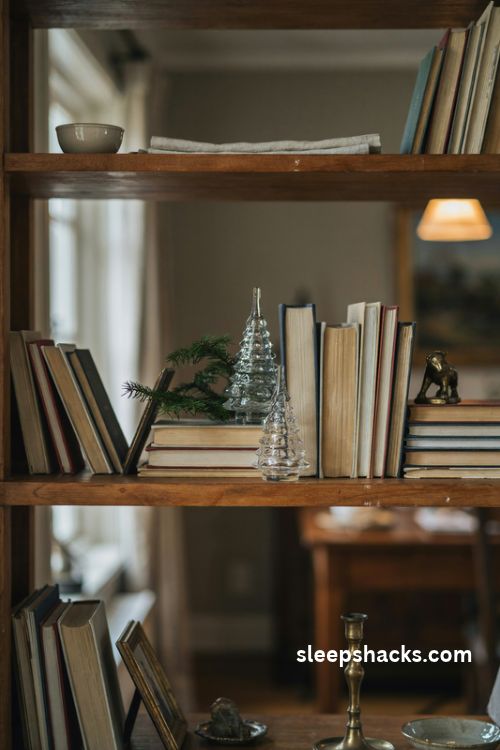 Glass christmas tree on a vintage bookshelf with pine greenery and antique decor