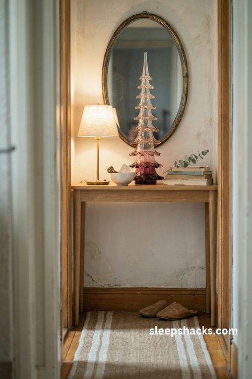 Glass christmas tree on an entryway console with warm lighting and a vintage mirror