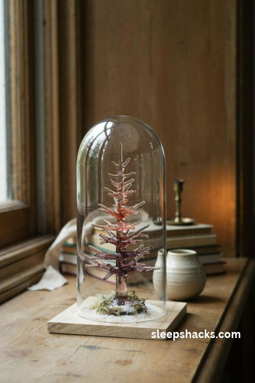Glass christmas tree under a glass cloche with faux snow and rustic wood base