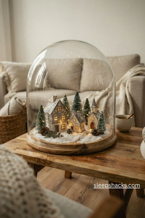 Glass cloche Christmas village with snowy miniature houses bottle brush trees and warm lights