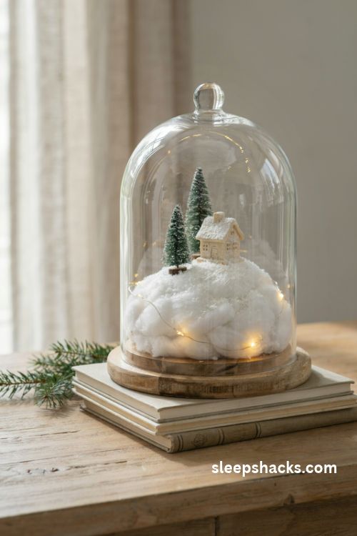 Glass cloche winter diorama with a tiny snowy cottage, bottle brush trees, and delicate champagne lights