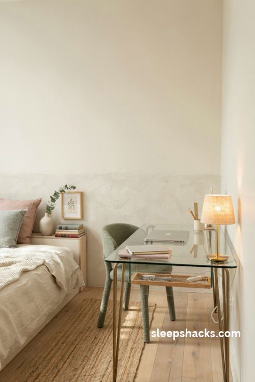 Glass desk ideas for a small bedroom with airy modern decor