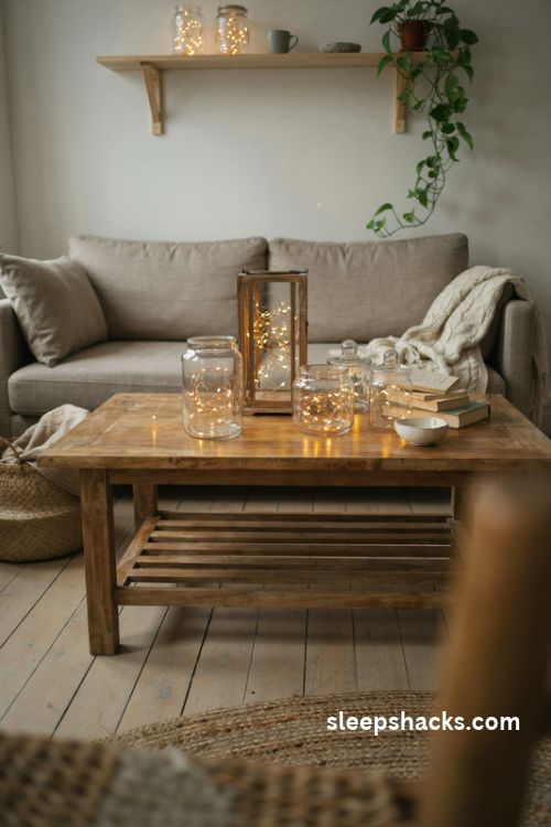 Glass jars and cloches filled with warm fairy lights on a rustic coffee table in a cozy apartment